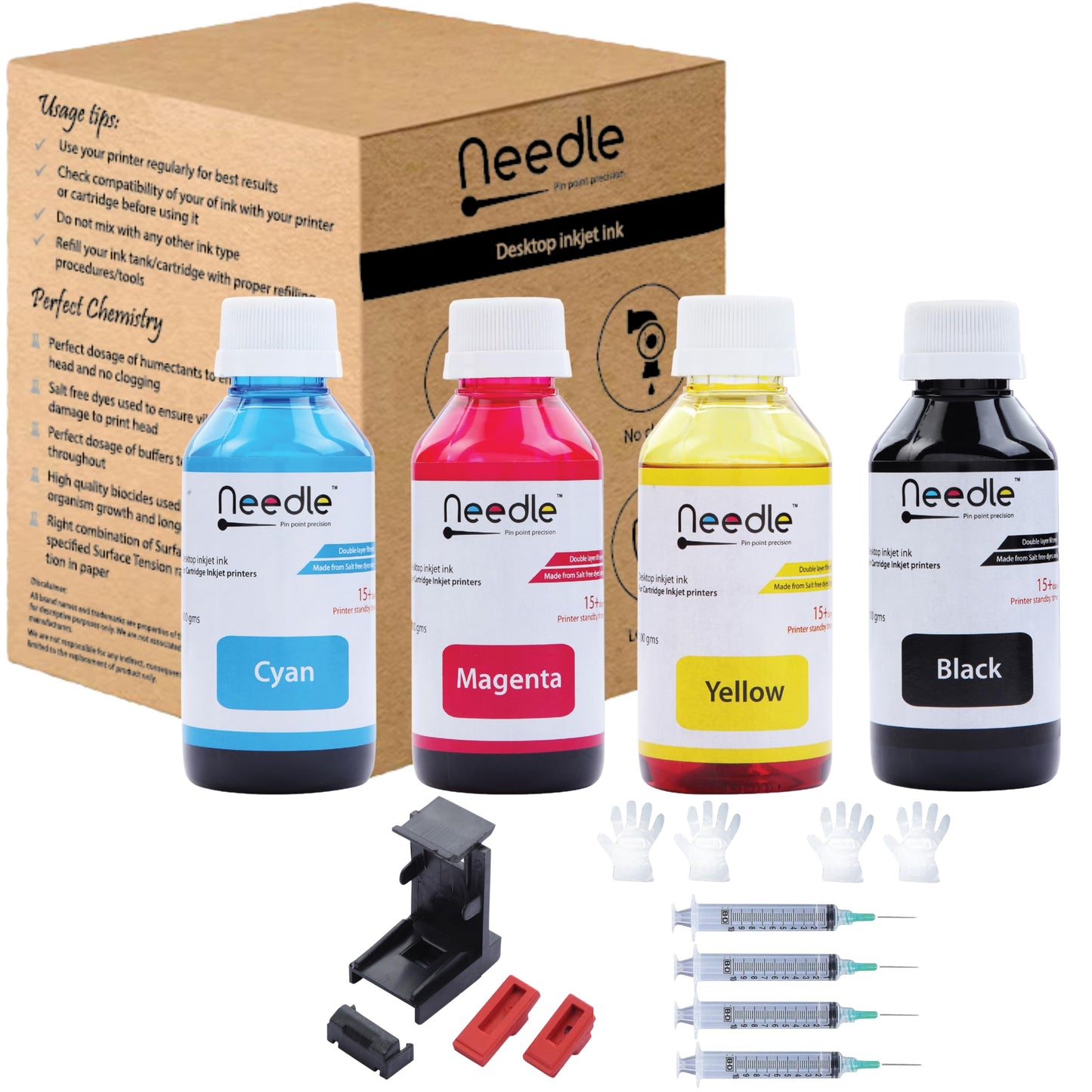 Needle 4x100gms (CMYK combo) Cartridge Inkjet Ink Refill Toolkit with Suction Tool Compatible with HP and Canon Cartridge Printers