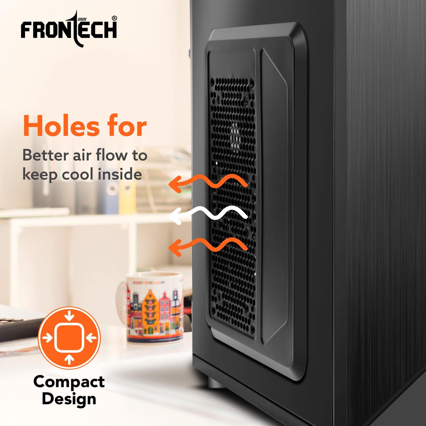 FRONTECH FLINT Silver Series Cabinet/Computer Case with HD Audio | ATX/Mini ATX Compatible | 2 Front USB - 2.0 | Ideal for Home/Office/Gaming (FT-4277, Black)