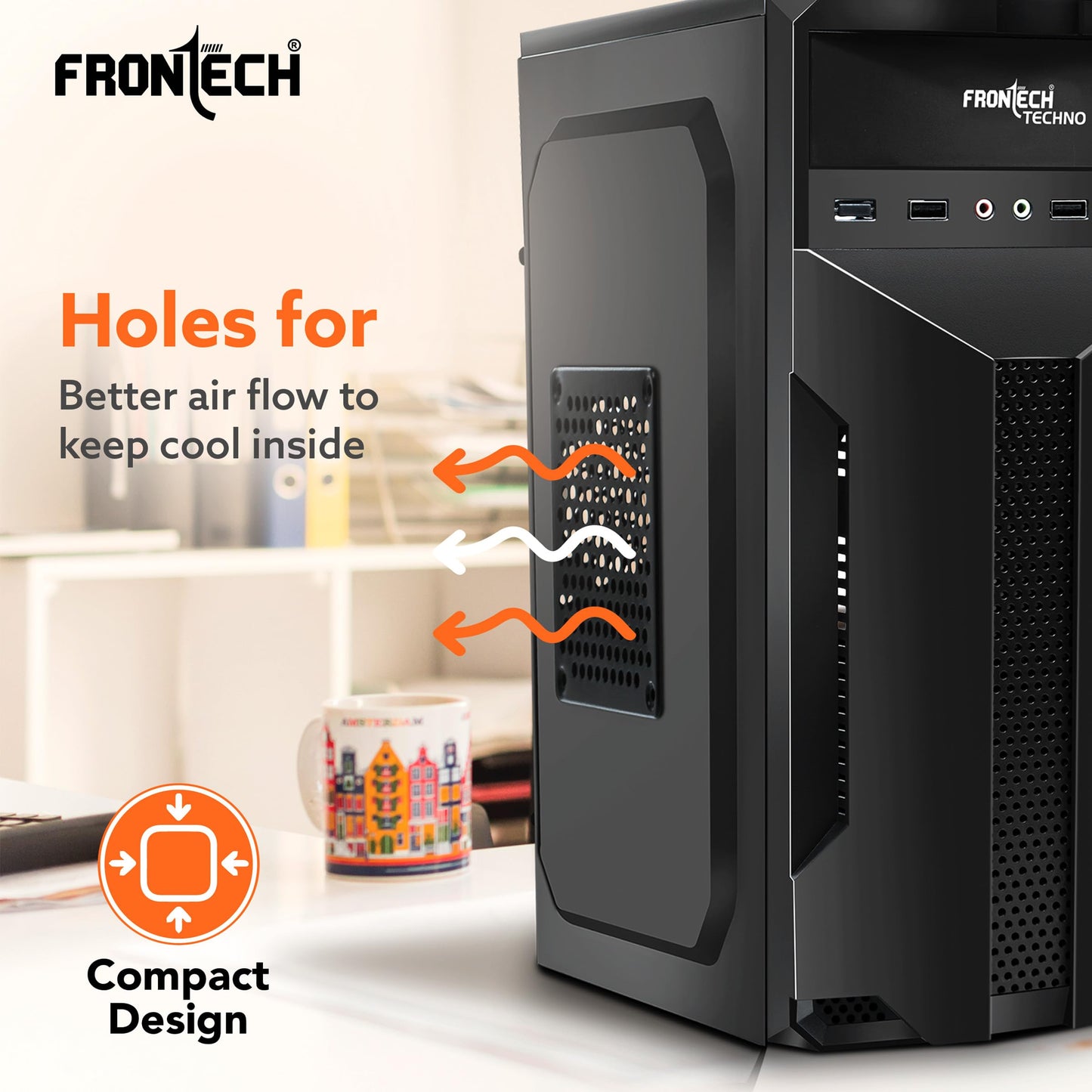 FRONTECH FLINT Silver Series Cabinet/Computer Case with HD Audio | ATX/Mini ATX Compatible | 2 Front USB - 2.0 | Ideal for Home/Office/Gaming (FT-4277, Black)