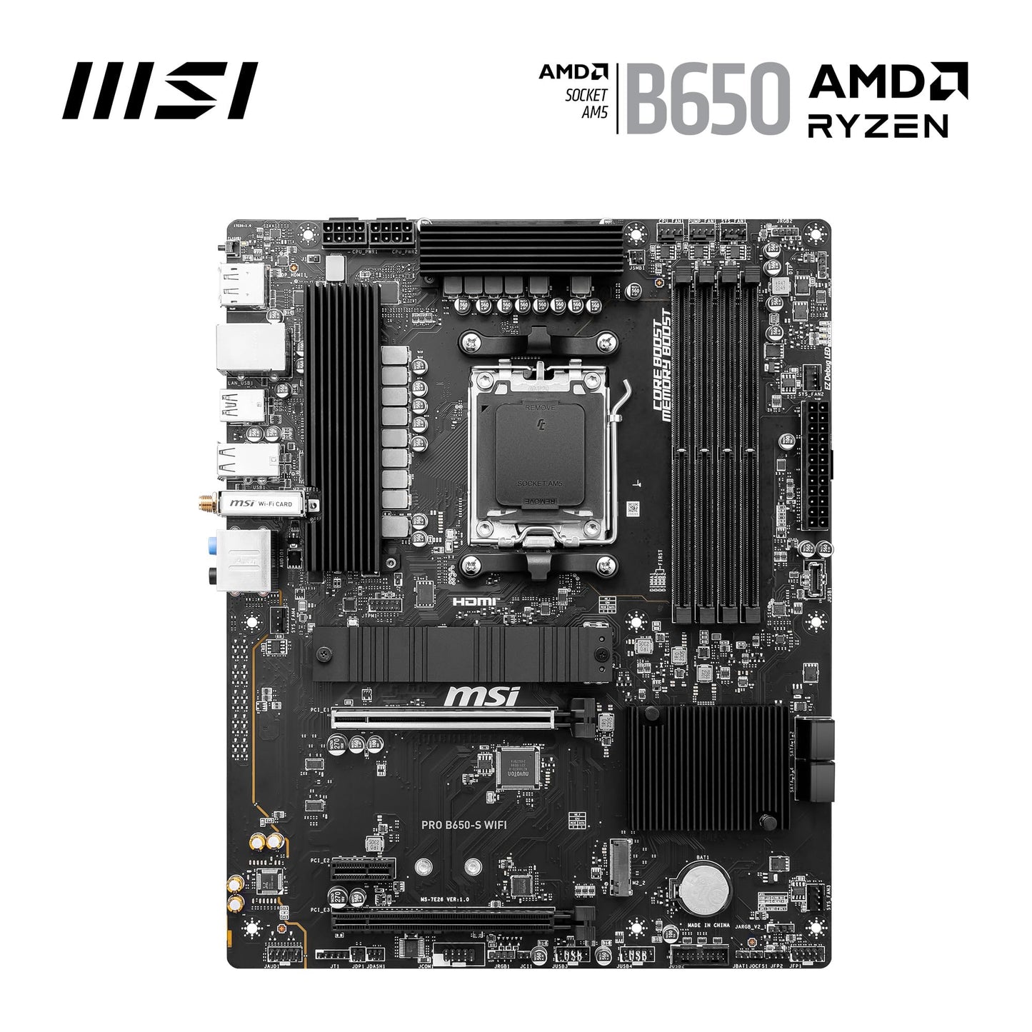 MSI PRO B650-S WiFi ProSeries Motherboard (AMD AM5, ATX, DDR5, PCIe 4.0, M.2, SATA 6Gb/s, USB 3.2 Gen 2, HDMI/DP, Wi-Fi 6E, AMD Ryzen 7000 Series Desktop Processors)
