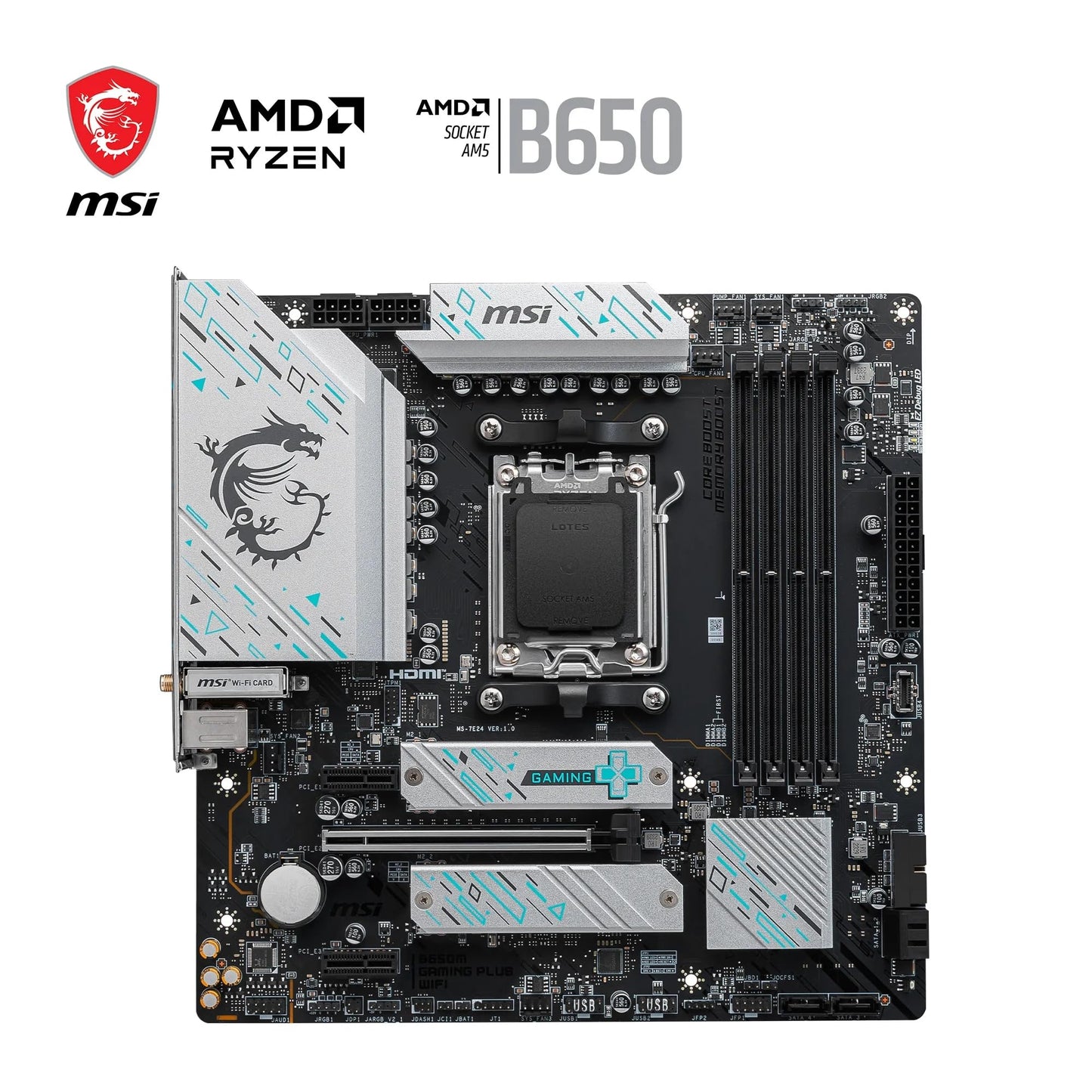 MSI B650M Gaming Plus WiFi Motherboard, mATX - Supports AMD Ryzen 7000 Series Processors, AM5, DDR5 Memory Boost 7800+MHz/OC, 1 x PCIe 4.0 x16, 2 x M.2 Gen4, Wi-Fi 6E