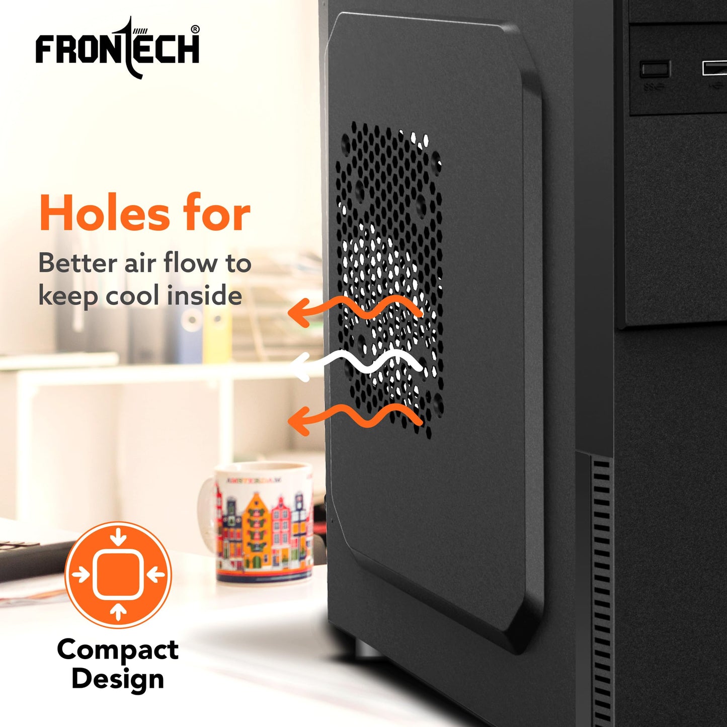 FRONTECH FLINT Silver Series Cabinet/Computer Case with HD Audio | ATX/Mini ATX Compatible | 2 Front USB - 2.0 | Ideal for Home/Office/Gaming (FT-4277, Black)