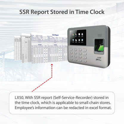ZKTeco LX50 Biometric Fingerprint Time Attendance Clock | Employee Check-in Recorder with Built-in SSR Excel Software | 500 Users Capacity | No Monthly Fees (Silver)